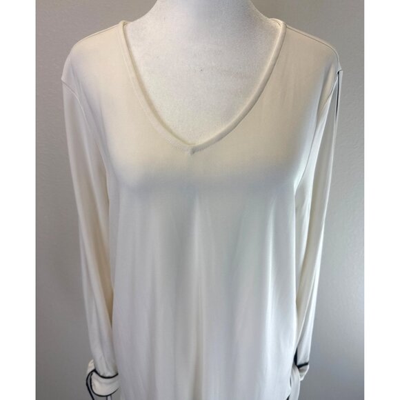 NTW Anne Taylor Elegant White V-Neck Blouse & Black Trim Large Light Academia - Picture 4 of 13